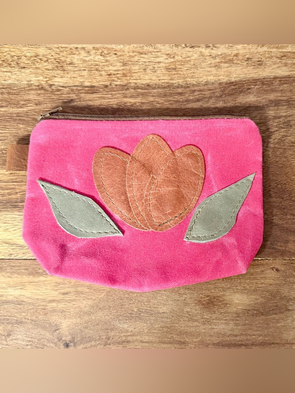 New, In Blue Handmade Bright Pink Waxed Canvas Floral Leather Appliqué Pouch